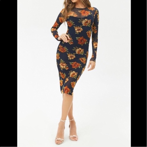 ♦️SOLD♦️Forever 21 Bodycon Floral Mesh Midi Dress - Picture 7 of 7